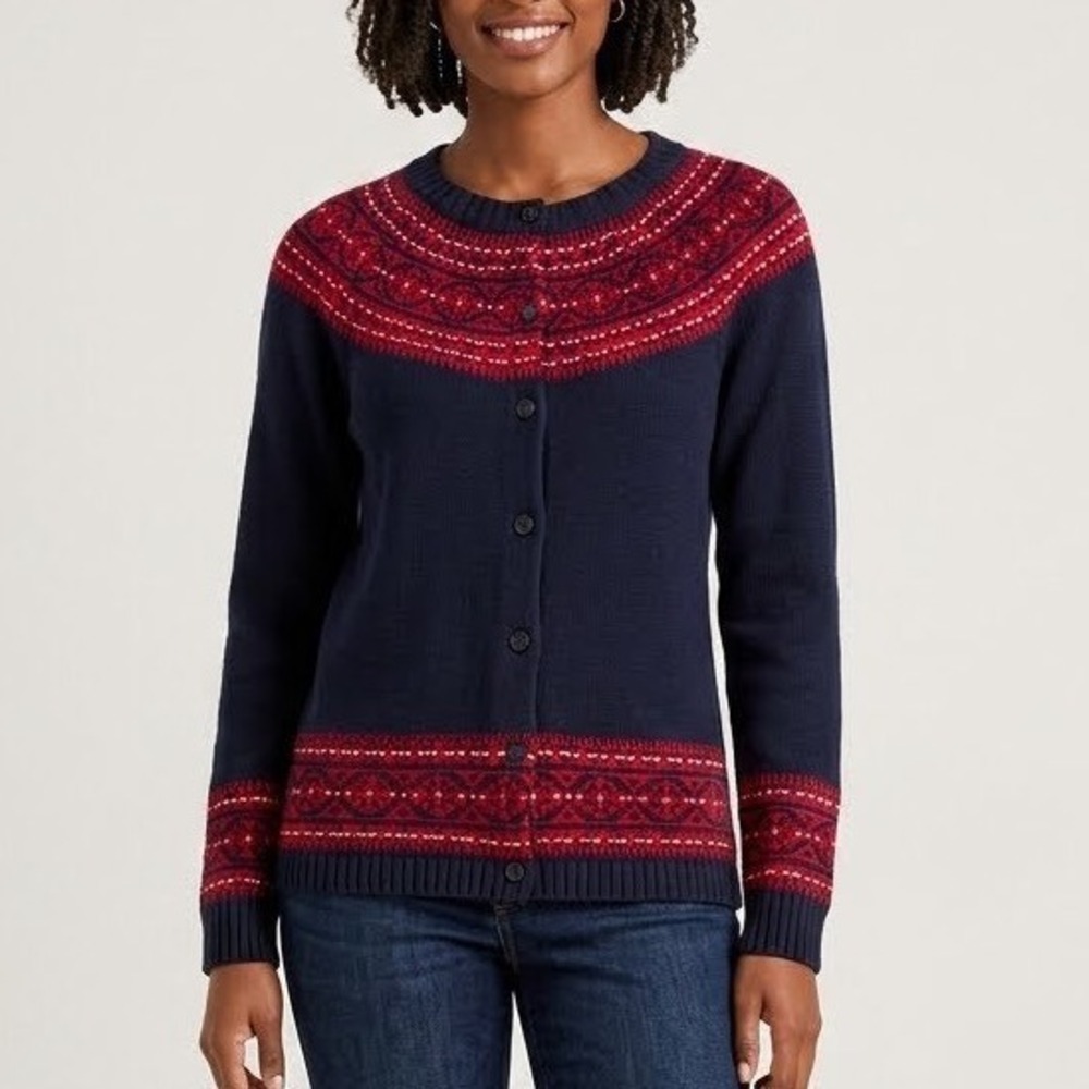 Talbots Womens Navy Blue Red Fair Isle Lambswool Blend Cardigan Sweater Nordic L